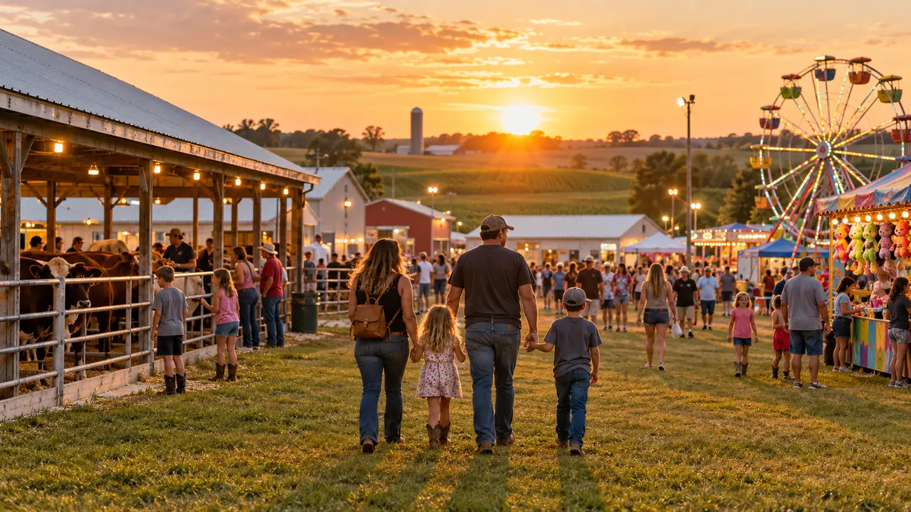 Illustrative rural Iowa county fair at sunset with barns and a small midway; not a photograph of the Clayton County Fair