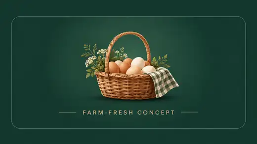 Farm-fresh welcome concept: a wicker basket of eggs, flowers and greenery. An optional farm basket is not guaranteed.