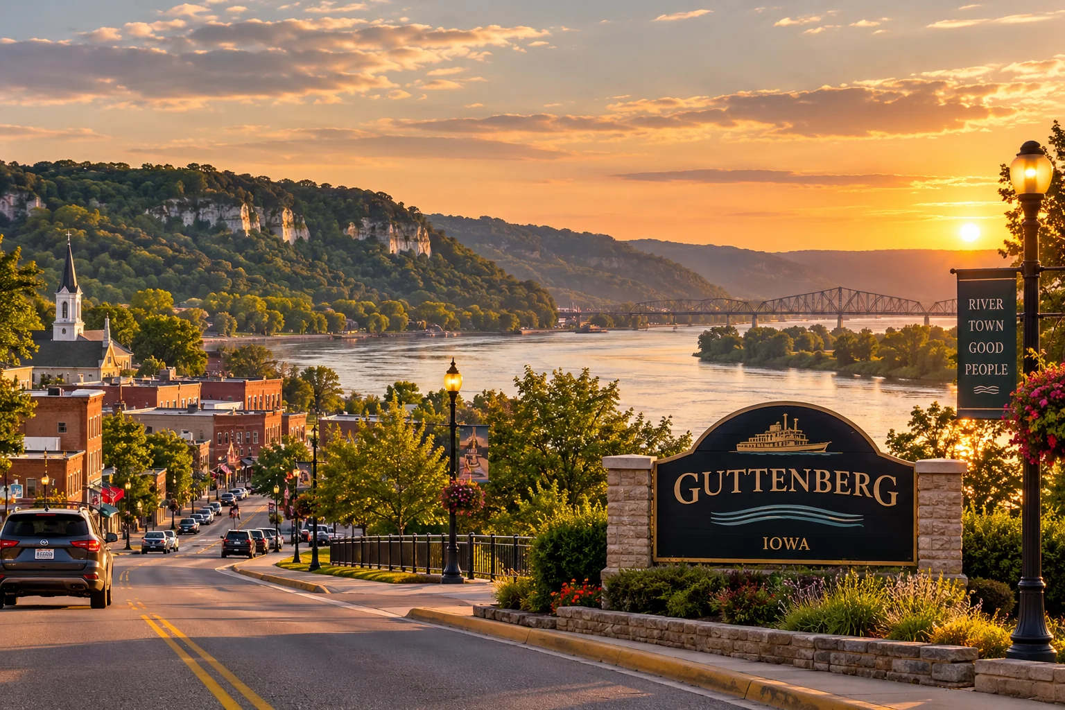 Concept image: sunset view descending toward a Mississippi River town, with downtown, river bluffs and a bridge