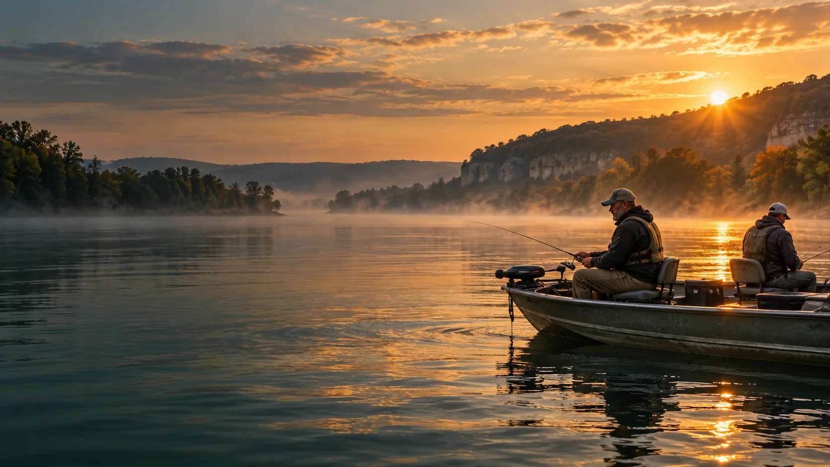 Illustrative sunrise fishing scene along the Upper Mississippi River